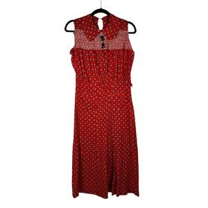 Vintage 1950s Red Polka Dot Cotton House Dress Smocked Sleeveless Sun Dress